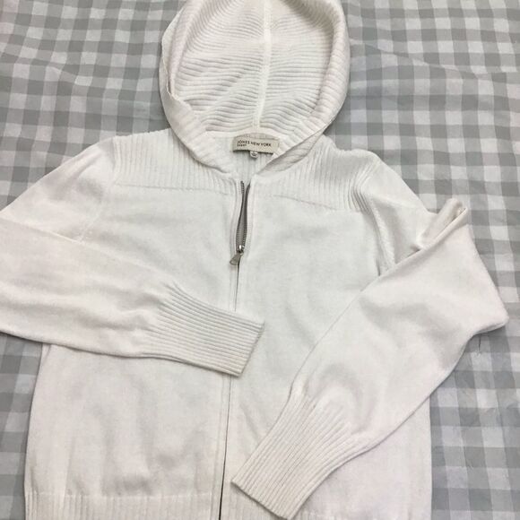 Jones New York ecru Knit Hood Cardigan Cream Off White Zipper 100% Cotton Large - Picture 6 of 12